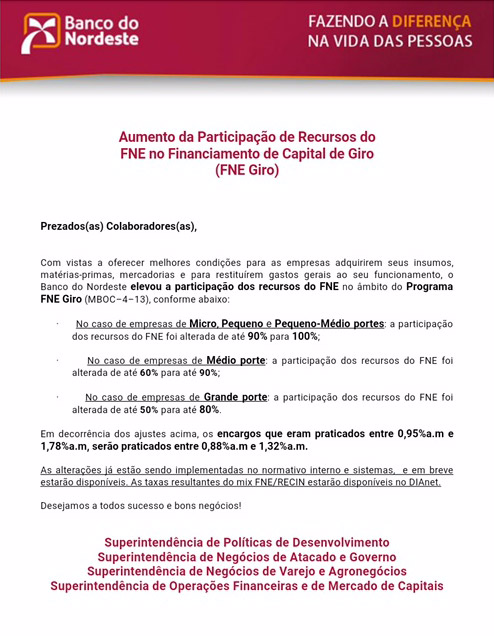Aumento da Participação de Recursos do FNE no Financiamento de Capital de Giro (FNE Giro)
